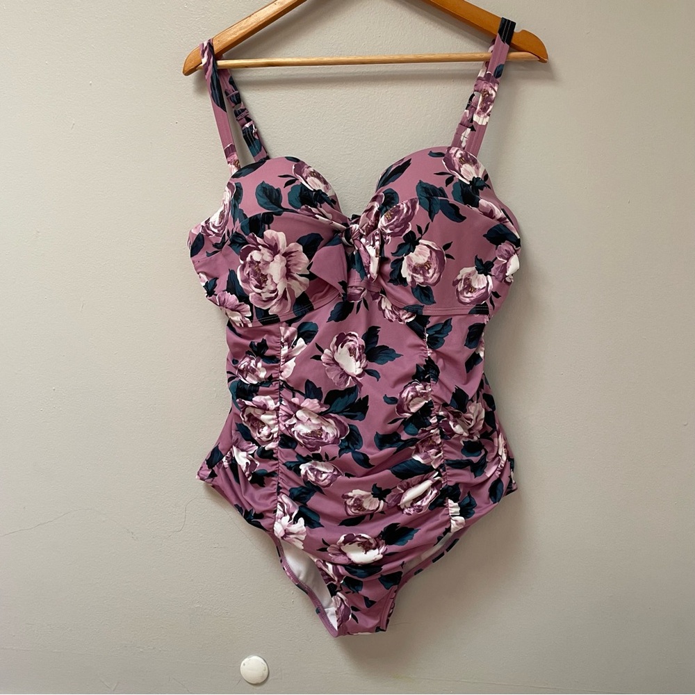 TORRID 2X Underwire Ruched Tie-Front One Piece Swimsuit lavender floral - Picture 3 of 9